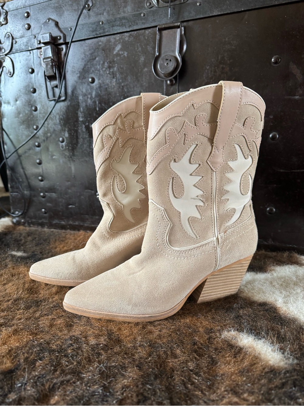 Dolce Vita Beige Suede Western Ankle Boots